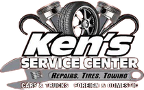 Logo for Ken's Service Center featuring a tire, two pistons, and a wrench with text for repairs, tires, and towing.
