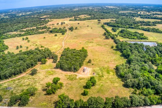Aerial view of a grassy field, patches of trees, and a small pond under a blue sky.