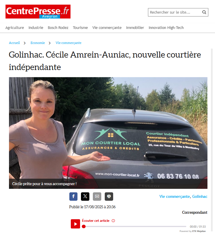 Article presse 2 À propos, Mon Courtier Local, expert en crédits et assurances à Montsalvy, Cantal et Aveyron