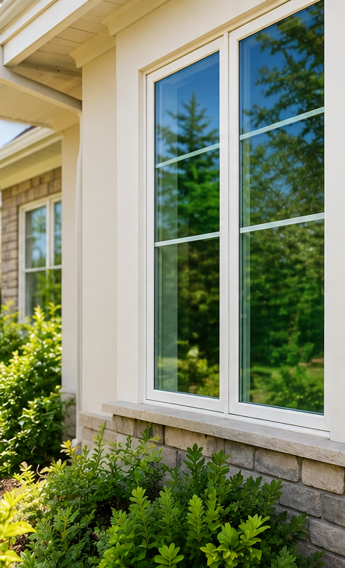White-framed window on a beige house, reflecting trees and blue sky above green shrubs.