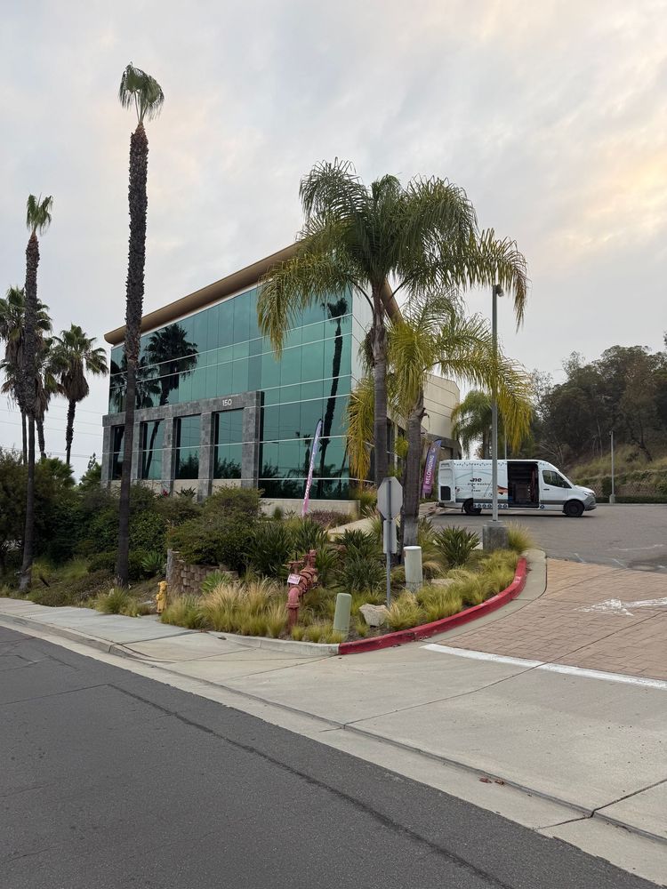 Modern glass office building beside a curb, with palm trees and a white van parked nearby.