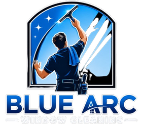 Blue Arc logo with a window cleaner using a squeegee over a blue window silhouette