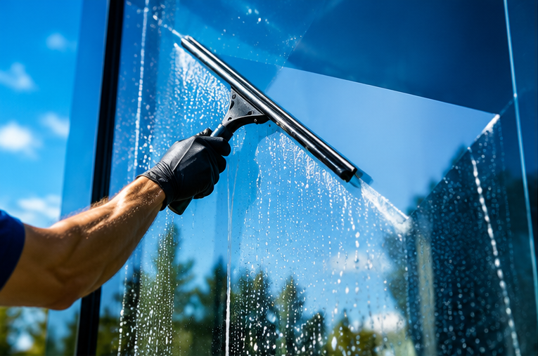 Person using a squeegee to clean a sunlit glass window outdoors
