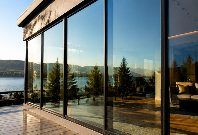 Modern lakeside house with floor-to-ceiling glass reflecting a sunny waterfront view