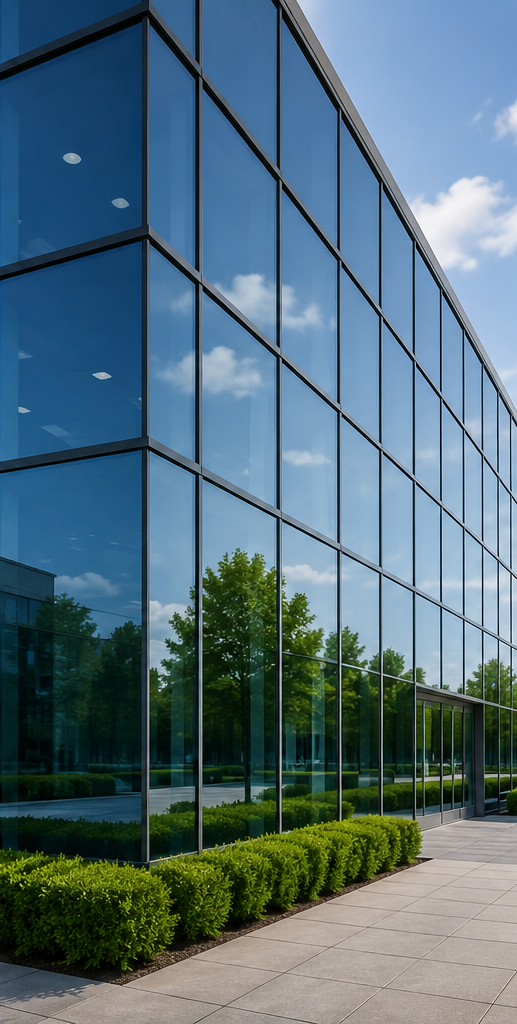 Modern glass office building with reflective windows and a landscaped sidewalk under a blue sky