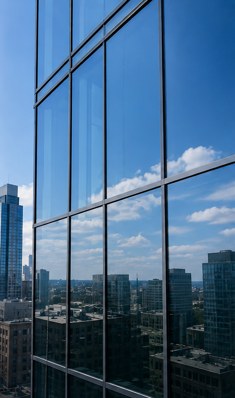 Glass office building reflecting a blue sky and city skyline with clouds.
