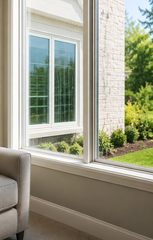 Bright living room window with white trim overlooking a green yard and neighboring house
