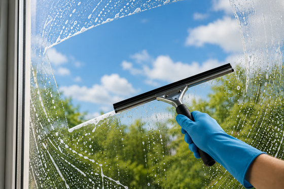 Gloved hand using a squeegee to clean a wet window with soap bubbles and blue sky outside