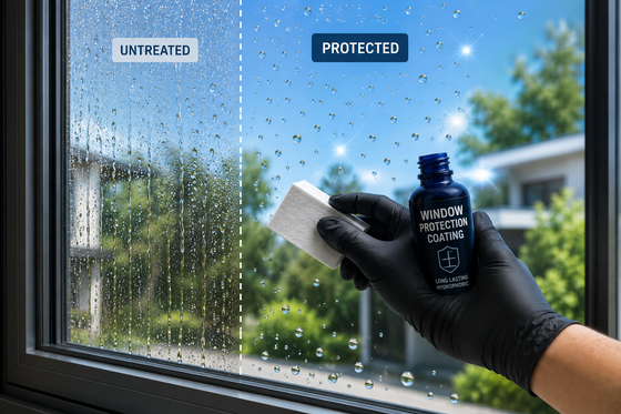 Gloved hand wipes a window with cleaner, showing dirty “untreated” side and clear “protected” side