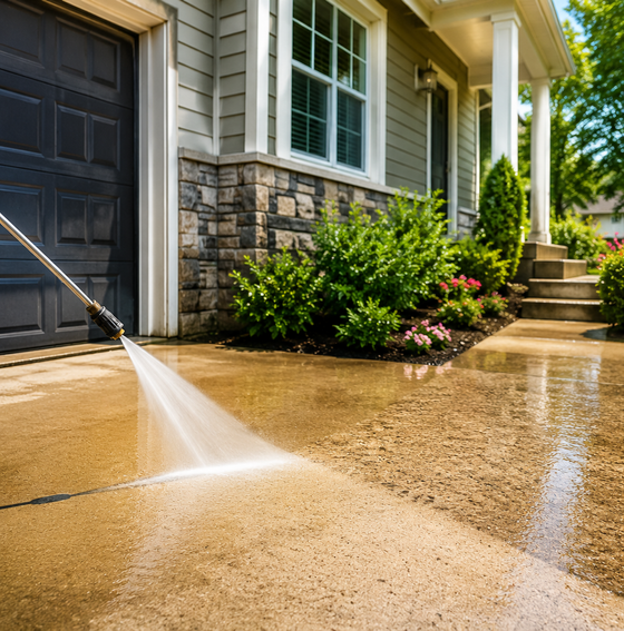 Pressure washing a sunlit house driveway beside the garage and front steps