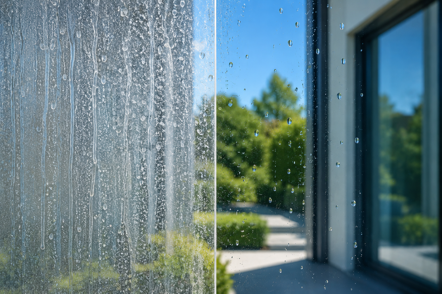 Sunlit glass doorway with water droplets and a blurred green garden outside
