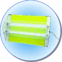 Apparecchio di illuminazione fluorescente rettangolare con due pannelli giallo brillante e cavo di alimentazione