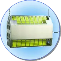 Dispositivo portatile compatto bianco e verde con prese d'aria e antenne all'interno di un cerchio blu.