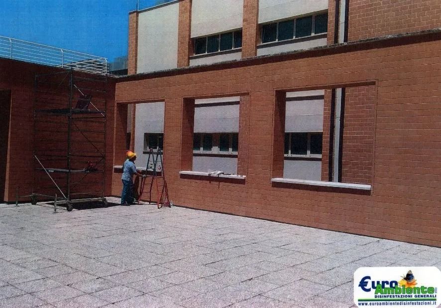 Un operaio su una scala dipinge la facciata esterna di un edificio in mattoni in un cortile pavimentato.