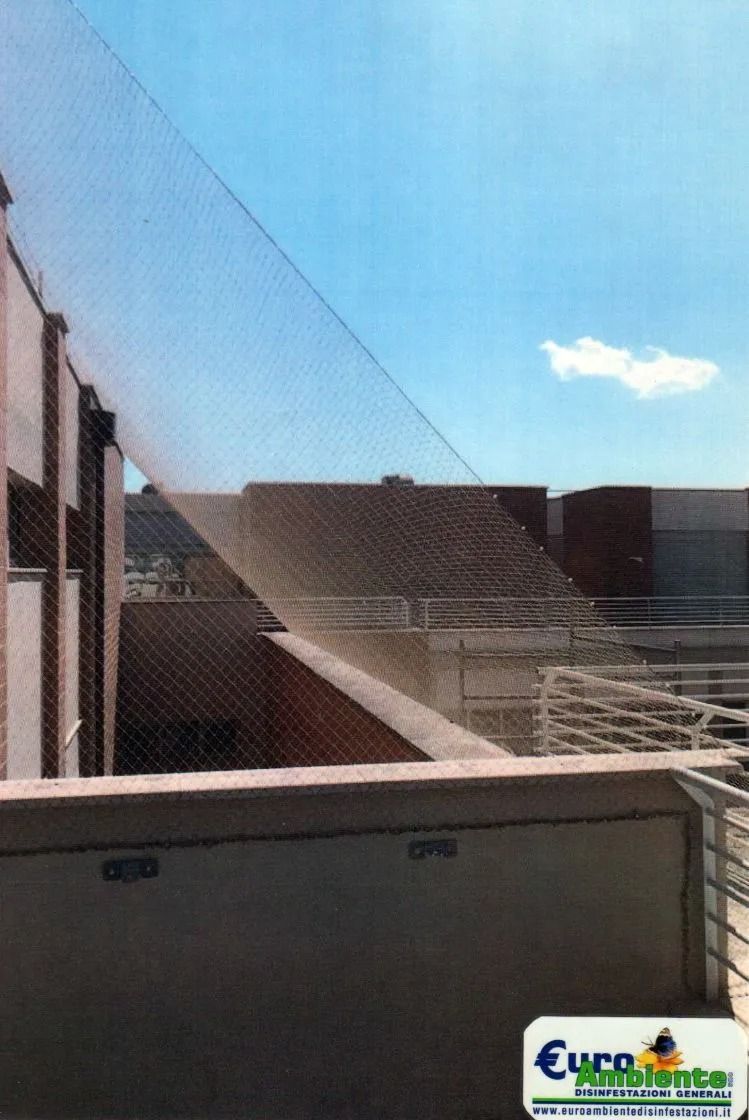 Terrazza sul tetto con ringhiere inclinate e un cielo azzurro brillante sopra edifici moderni