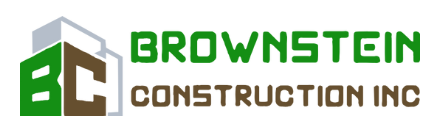 Logo for Brownstein Construction Inc. featuring the letters "BC" within stylized building shapes. Text is green and brown.