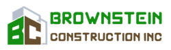 Logo for Brownstein Construction Inc. featuring the letters "BC" within stylized building shapes. Text is green and brown.