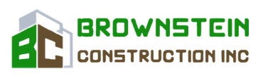 Logo for Brownstein Construction Inc. featuring the letters "BC" within stylized building shapes. Text is green and brown.