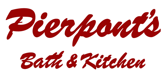 A red and white logo for pierpont 's bath and kitchen