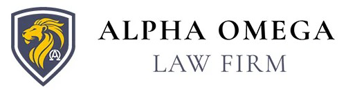 Logo of Alpha Omega Law Firm: lion's head in a shield, gold on navy, with firm's name.