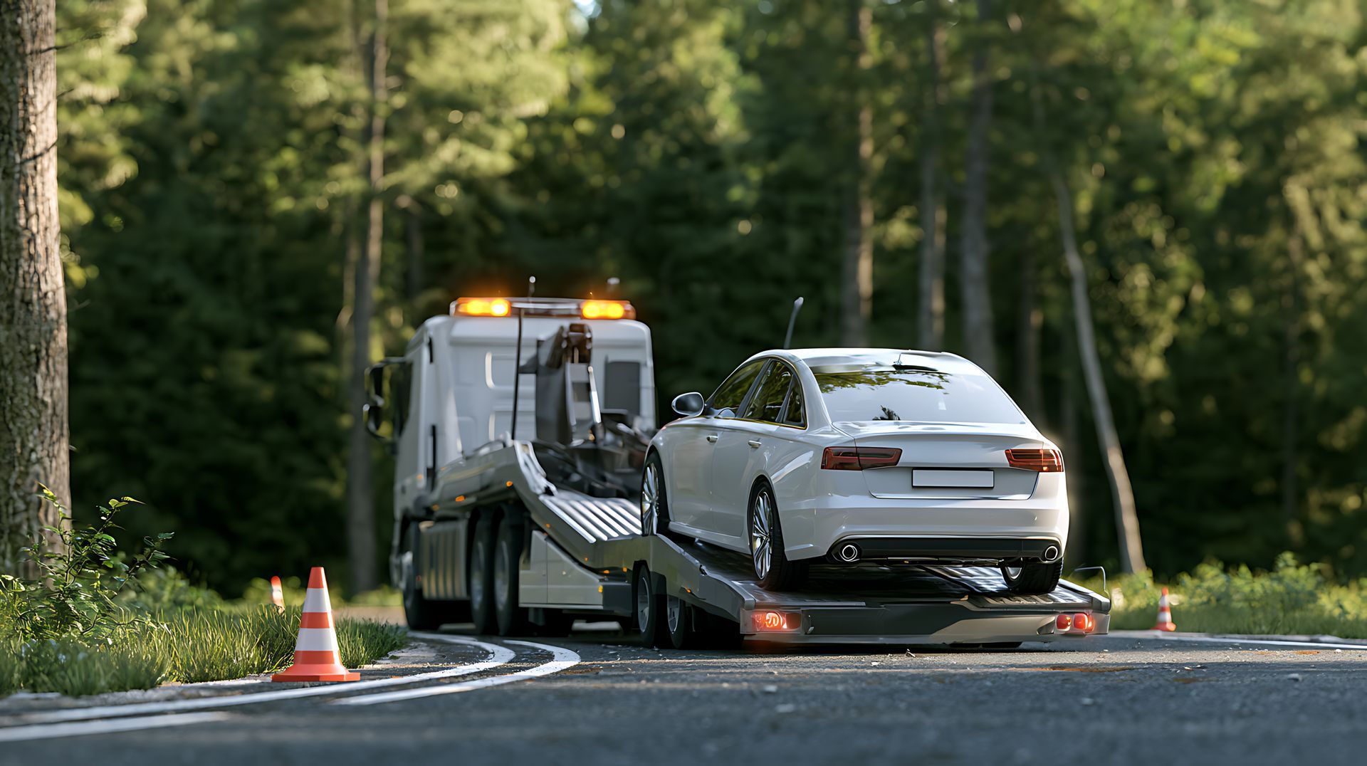 Flatbed tow truck with amber lights loads a white sedan beside cones for commercial vehicle towing.