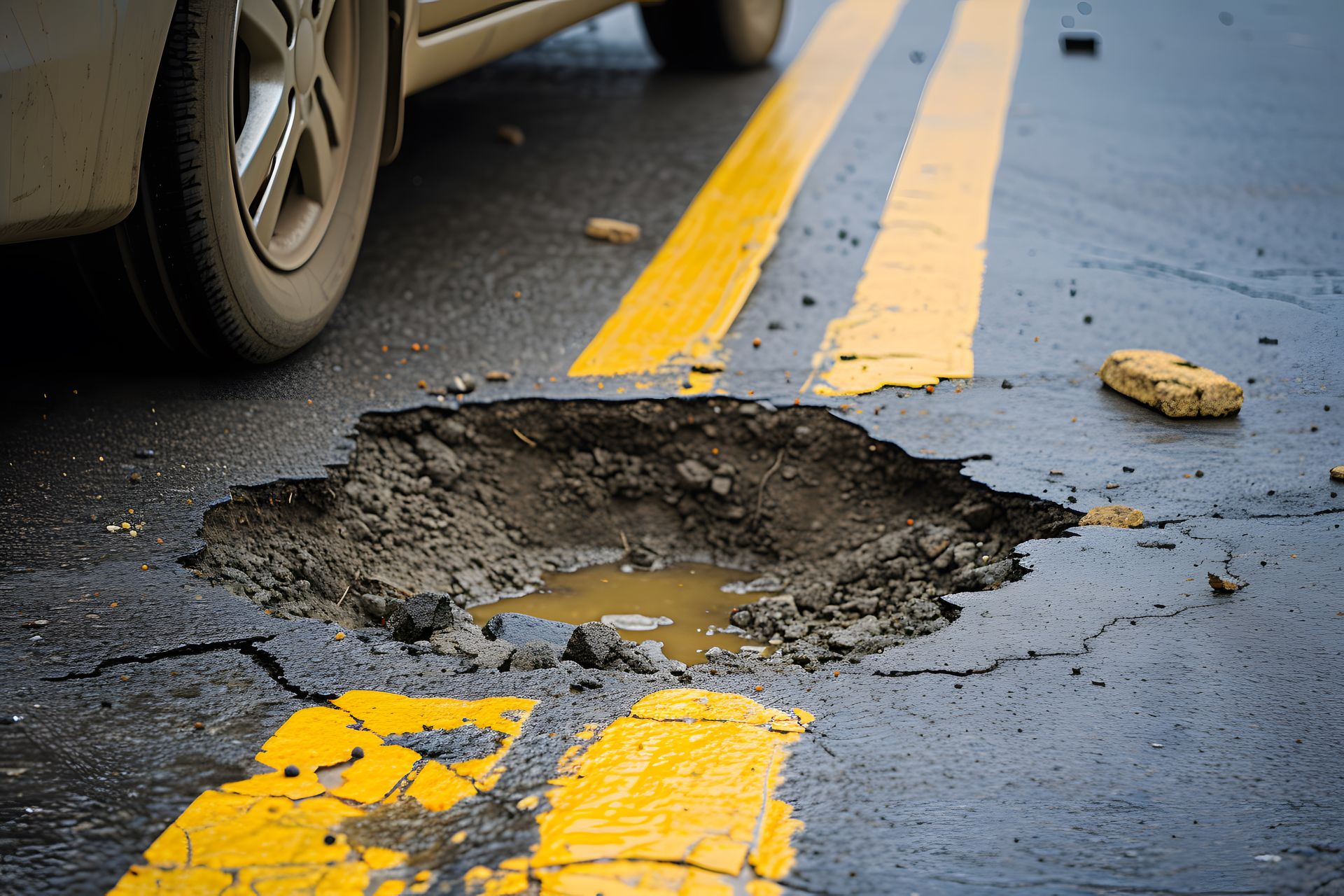 A car is driving past a hole in the road.