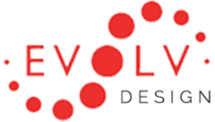 A logo for Evolve Design with red dots on a white background