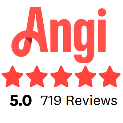 Angi logo with five red stars, a 5.0 rating, and the text