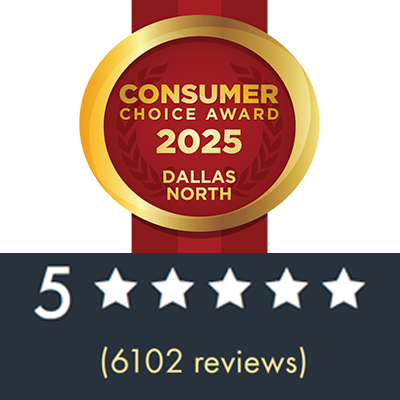 A 2025 Dallas North Consumer Choice Award badge above a 5-star rating graphic with 6,102 reviews.