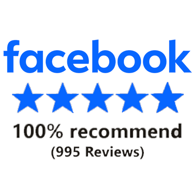 Facebook logo above five blue stars with the text