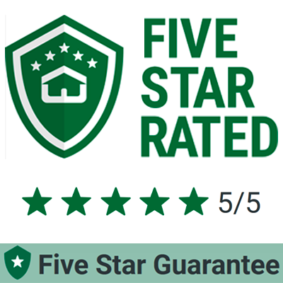 A green shield logo with five stars and a house icon, labeled