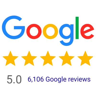 Google logo above five filled-in gold stars, indicating a 5.0 rating based on 6,106 Google reviews.