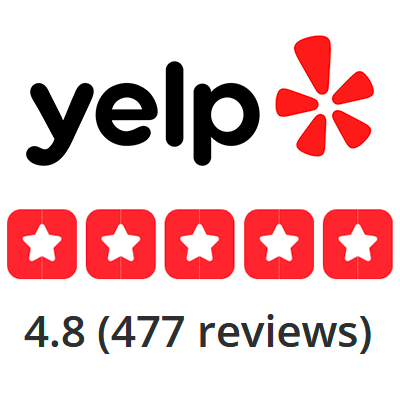 Yelp logo above five red stars and text indicating a 4.8 rating from 477 reviews.