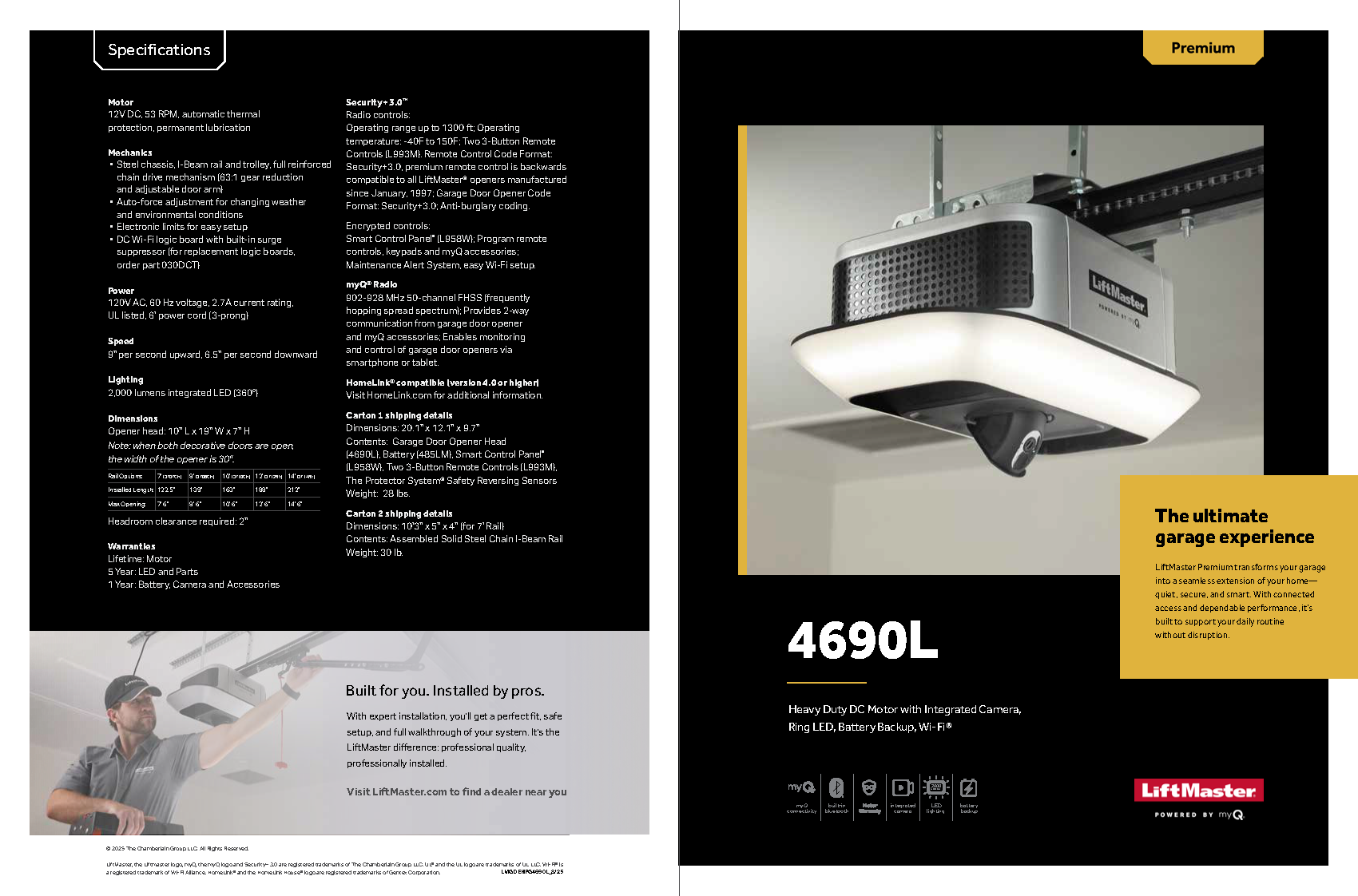 Garage door opener brochure. Main product image, text about features, and installer in setting.