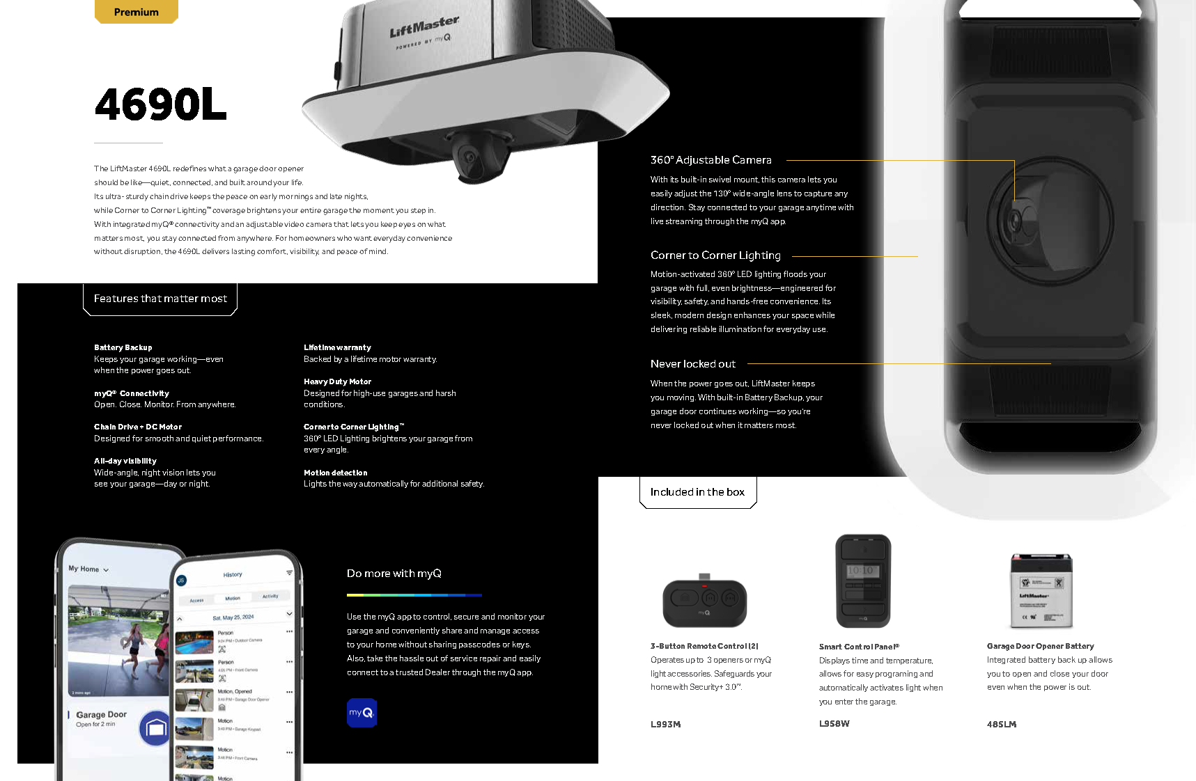 Brochure with security camera and smartphone app. Features listed, with black and white elements.
