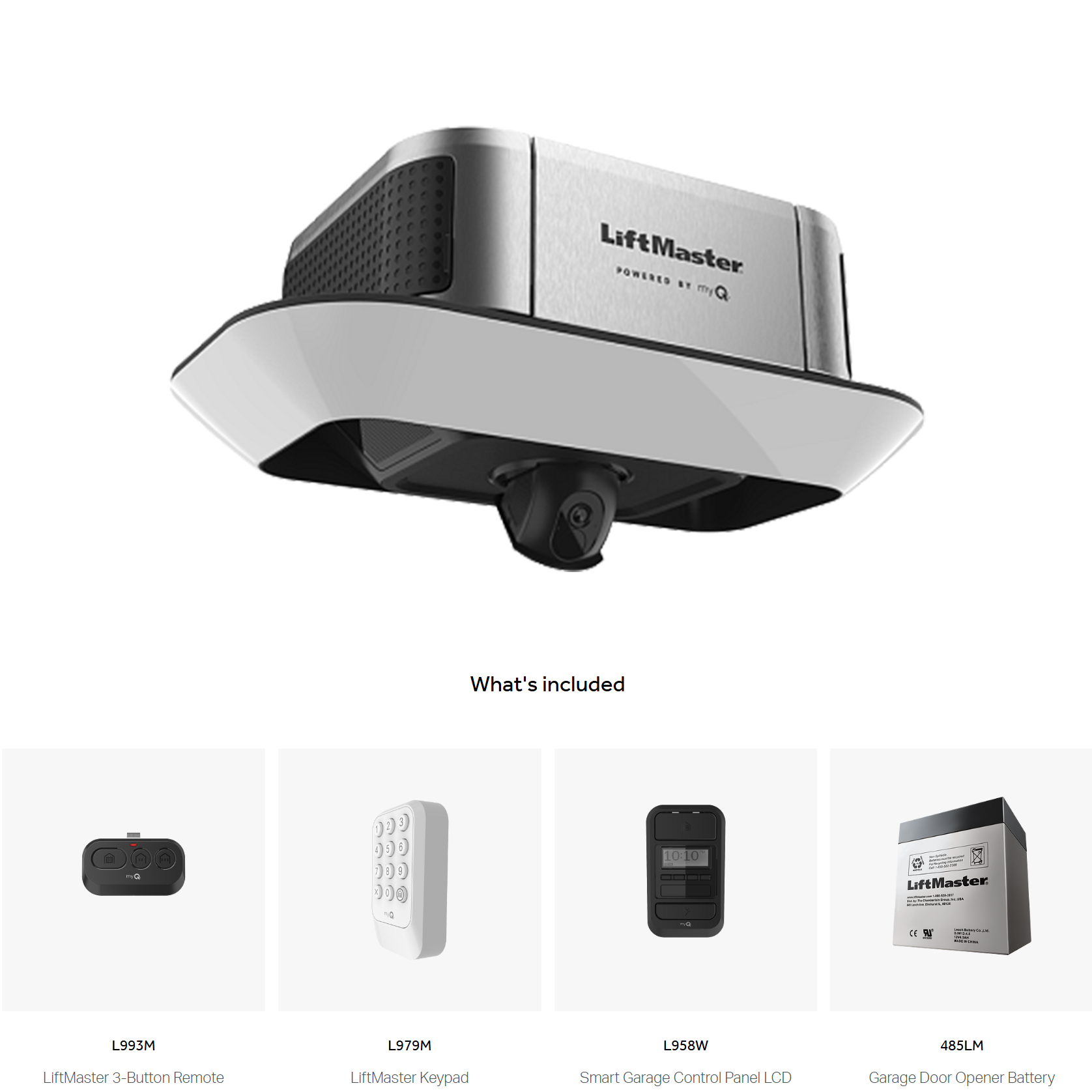 LiftMaster garage door opener with camera, and included accessories.