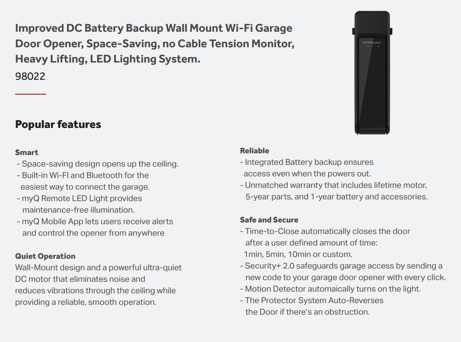 Product detail of a black wall-mount garage door opener with popular features and specifications. Product detail of a black wall-mount garage door opener with popular features and specifications.