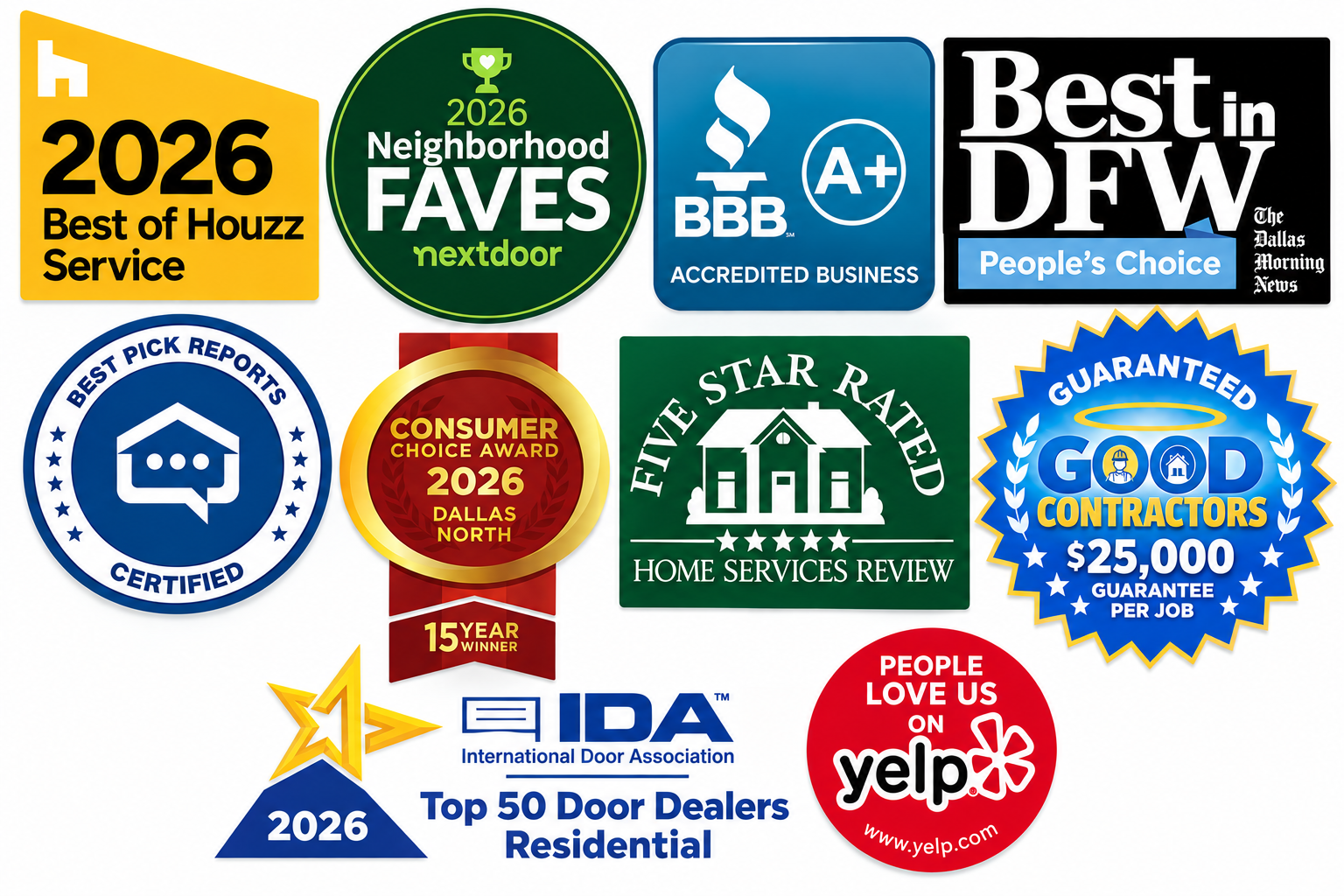 Logos displaying customer review ratings from various platforms, including Facebook, Yelp, Google, and others.