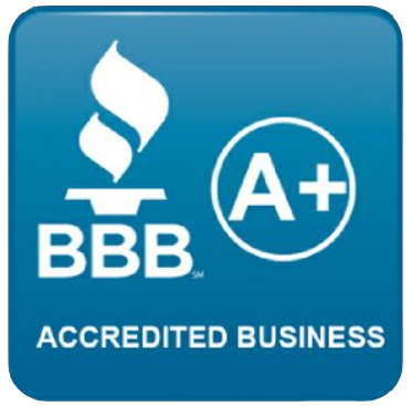A blue Better Business Bureau accredited business logo with a flame icon and an A+ rating.