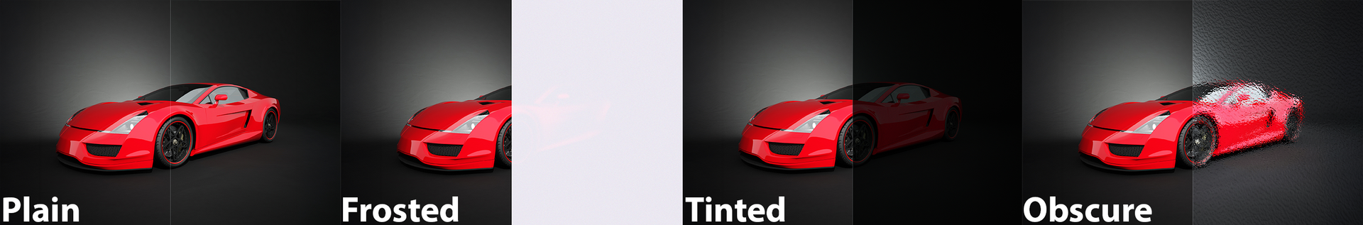 Red sports car with Plain, Frosted, Tinted, and Obscure effects on a dark background. Red sports car with Plain, Frosted, Tinted, and Obscure effects on a dark background.
