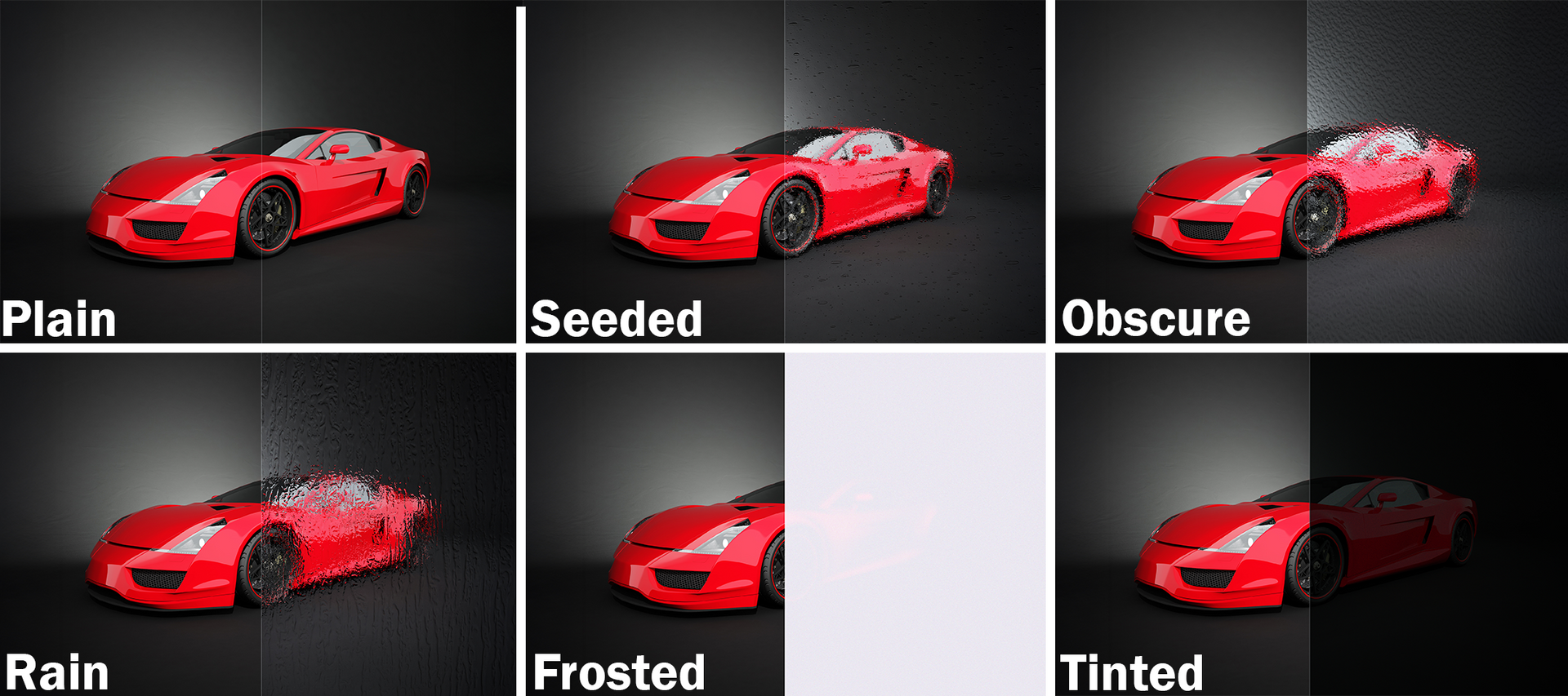 Six images of a red sports car under different visual effects, labeled Plain, Seeded, Obscure, Rain, Frosted, and Tinted. Six images of a red sports car under different visual effects, labeled Plain, Seeded, Obscure, Rain, Frosted, and Tinted.