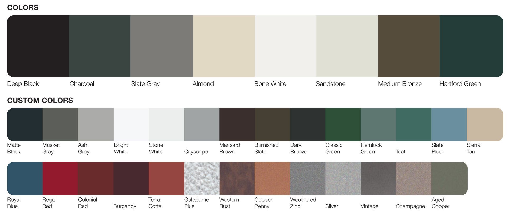 Color palette showing a range of shades from black to light beige, with custom colors below. Color palette showing a range of shades from black to light beige, with custom colors below.