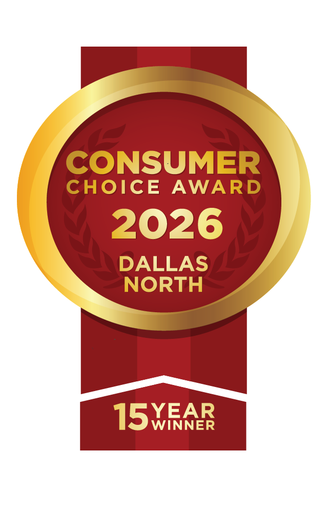 Gold and red “Consumer Choice Award 2026 Dallas North” badge with “15 Year Winner” banner