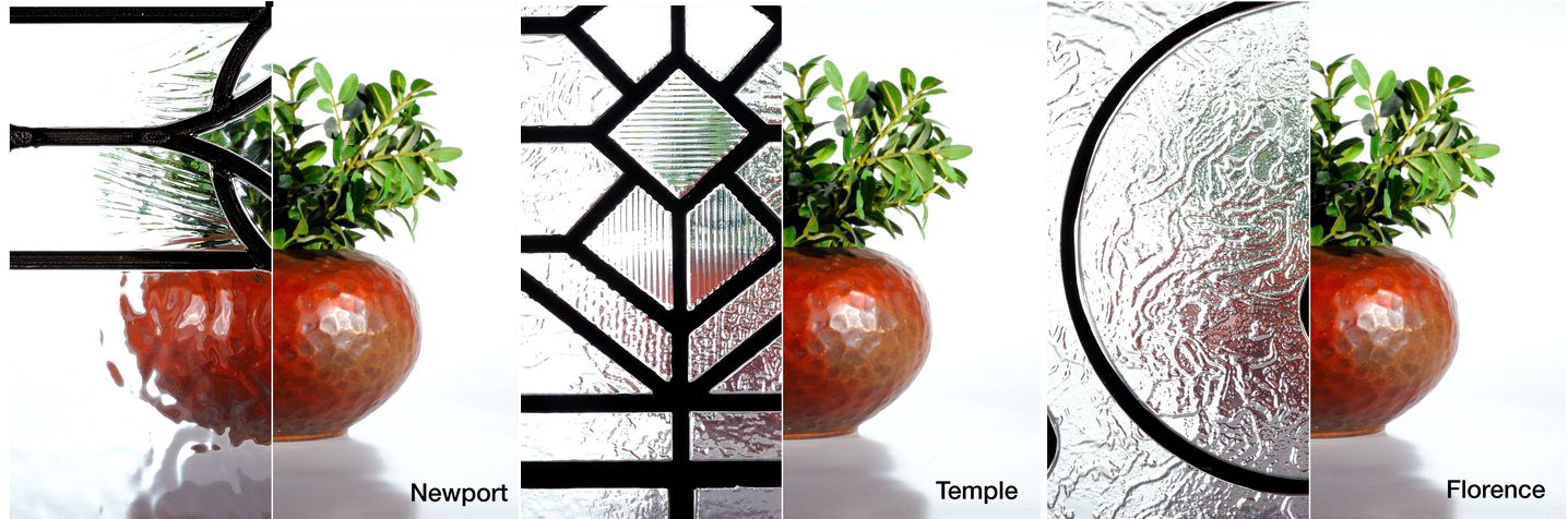 Three glass samples with different patterns over a tomato and green plant. Three glass samples with different patterns over a tomato and green plant.