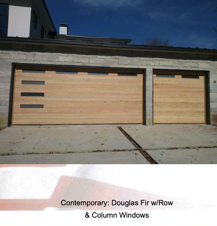 Two Douglas fir wood contemporary garage doors on a stone home, featuring a row of windows and a column of side windows.