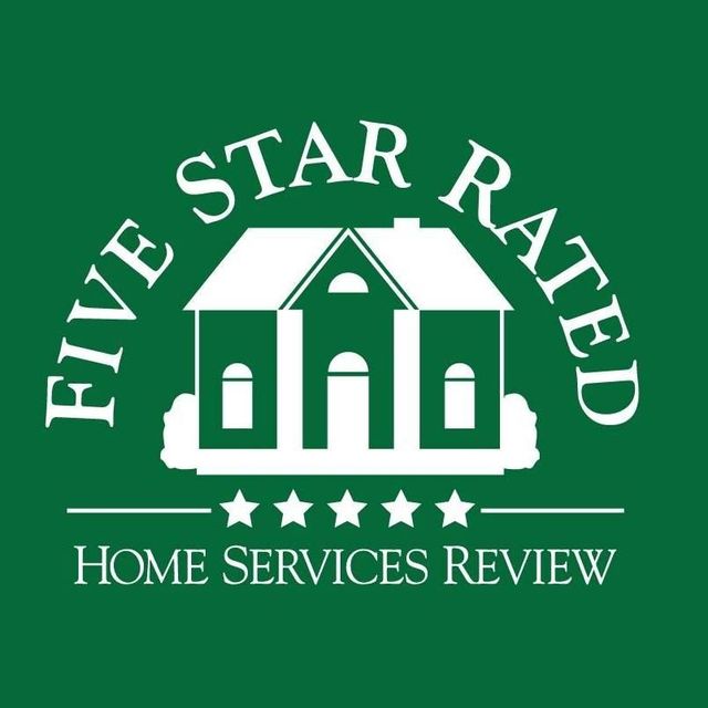 Five Star Rated Home Services Review logo in white on green with house and stars