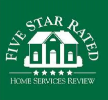 A green logo with a house illustration and five stars, reading