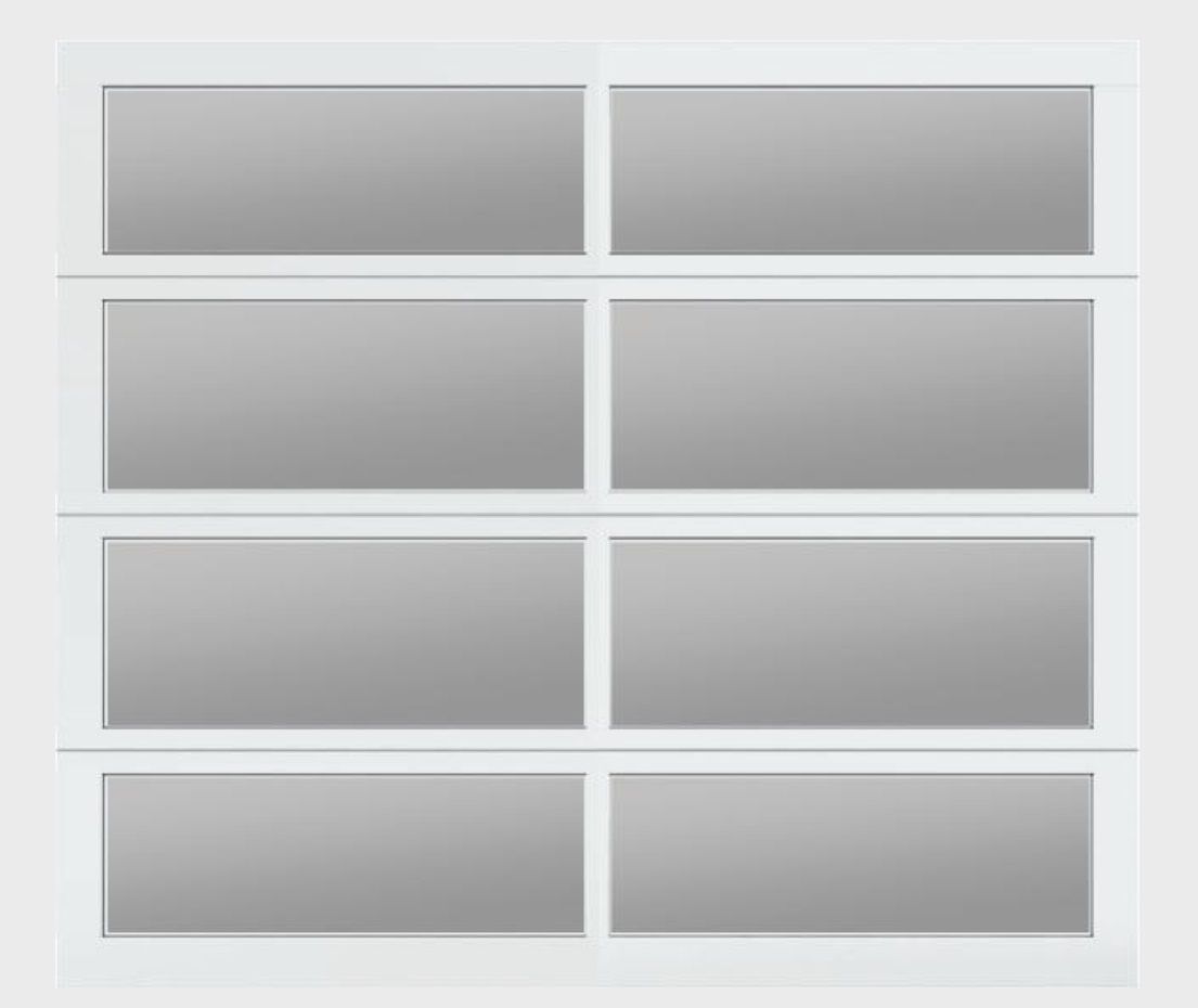 White garage door with eight rectangular window panels. White garage door with eight rectangular window panels.