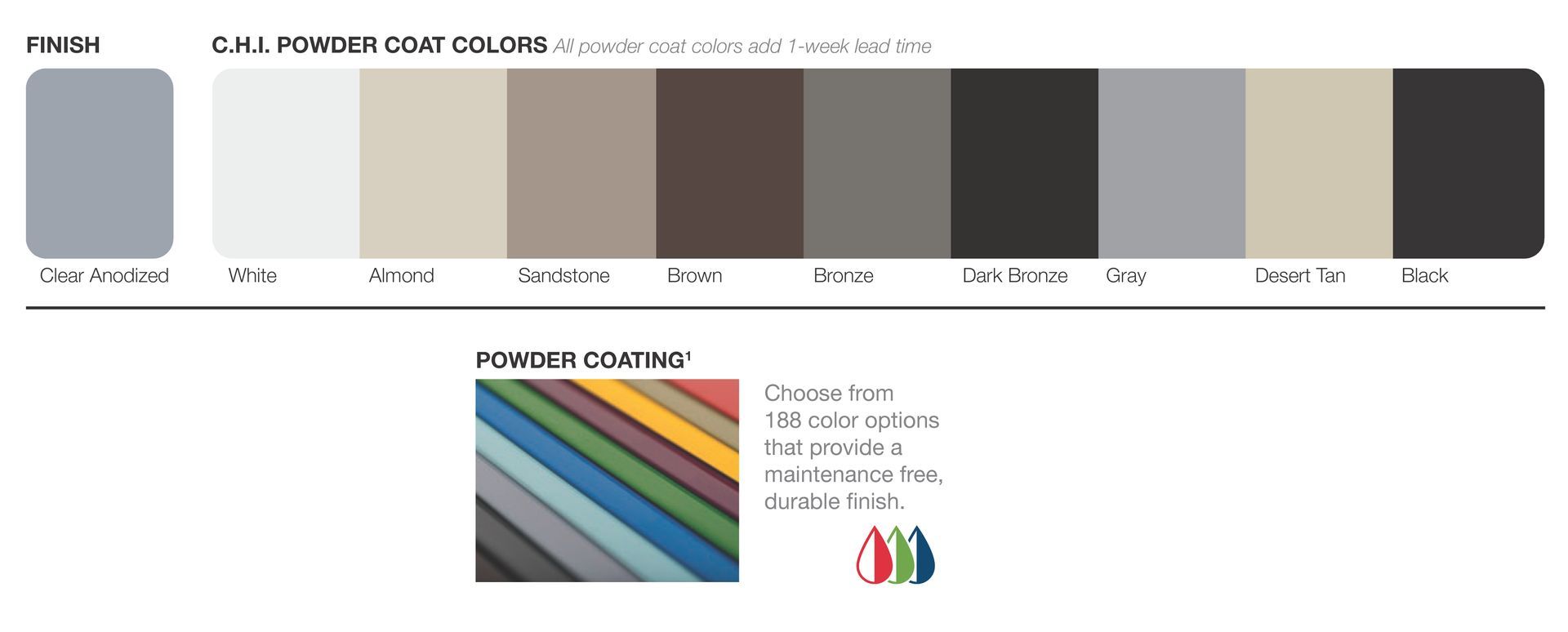 Color palette with various shades of gray, brown, and beige, with a sample of powder coat colors below. Color palette with various shades of gray, brown, and beige, with a sample of powder coat colors below.