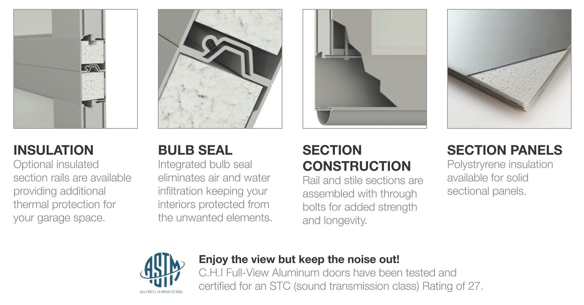 Diagram illustrating garage door construction, including insulation, seal, section construction, and panel. Diagram illustrating garage door construction, including insulation, seal, section construction, and panel.
